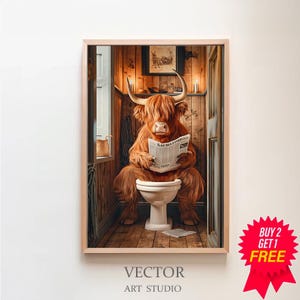 Scottish Highland Cow in Bathroom, Bathroom Humor, Funny Bathroom Print, Animal on toilet, Kids Bathroom, Whimsy Animal Art