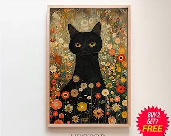 夢ら丘 実果 限定版画 額装 ☆ 直筆サイン・エディション有り ☆ 猫 ☆ 庭園 グスタフ・クリムト、庭の黒猫 ウォールアート プリント ポスター 額