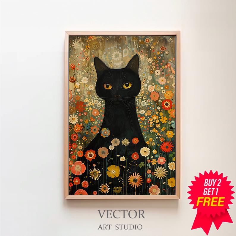 グスタフ・クリムト、庭の黒猫 ウォールアート プリント ポスター 額
