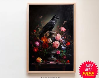 Black Raven Still life Painting Crow Perched With Floral, Black Bird Decor, Flowers and Animals, Forest Witch Botanical, Bird Art