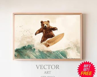 Bear Surfing Art Print Nursery Surf Art Beach Nursery Theme Animal Art Nursery Surf Prints Kids Bedroom Surfing Decor by Bespoke Littles