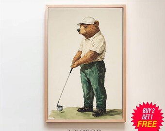 Bear Playing Golf Art Print, Nursery Golf Theme Decor by Bespoke Littles, Digital Download