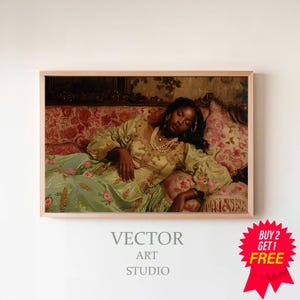 May include: A framed art print featuring a woman in a light green dress with gold accents, resting on a floral patterned sofa. The artwork has a vintage aesthetic, with the text "VECTOR ART STUDIO" at the bottom.