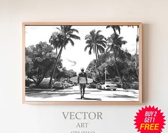 Vintage Surf in Hawaii Poster, Surfboard Wall Art, Black and White, Vintage Photography, Summer Poster, Digital Download, Beach House Decor