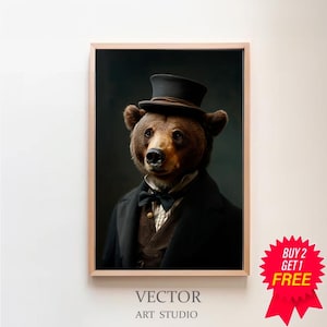 May include: A brown bear wearing a black top hat and a black suit with a brown waistcoat and a bow tie. The bear is looking to the right of the image. The background is a dark green.