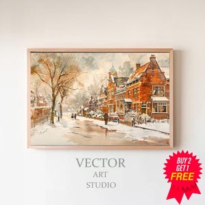 Vintage Style Village Winter Landscape Painting Digital Download Tv Screensaver, Watercolour Town Christmas Frame Tv Art