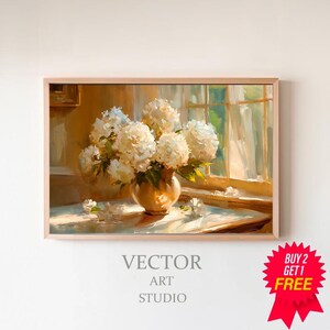 FRAME TV art White Hydrangeas still life, Spring Samsung Frame tv art rustic farmhouse, Digital Art, Neutral floral tv artwork cottage decor