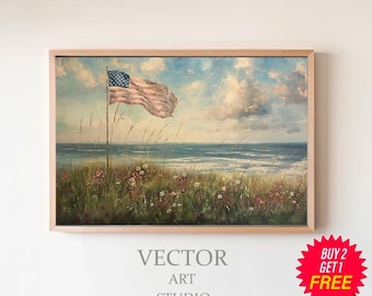Decoração de arte com bandeira americana vintage Bandeira patriótica e estampa floral Arte de parede colorida de flores silvestres neutras Decoração de casa de fazenda antiga Download digital