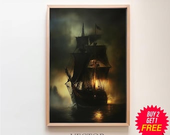 Vintage Ghost Ship, Ocean Aesthetic, Gothic Sea Painting, Dark Arts Printable, Dark Academia Décor, Pirate Art Print, Antique Oil Painting