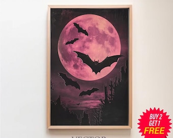Neon Pink Vampire Bats Print - Vintage Print - Home Decor - Bat Art - Dark Art - Occult Poster - Gothic Home Decor - Wiccan Art - Witchcraft