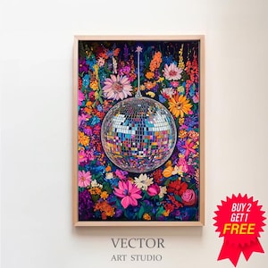 Printable Wall Art, Disco Ball Maximalist Oil Painting, Living Room Colorful Trendy Kitsch Pink Print, Vivid Bold Dopamine Botanical Picture