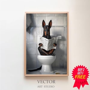 Doberman Wall Art, Funny Bathroom Decor, Doberman in Toilet, Animal in toilet, Petshop Art, Digital Download, Dog Art, Doberman Gift