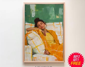 Green Yellow Abstract People Large Wall Art Contemporary Print Minimalist Print Living Room Wall Art Digital Download Stripe Woman Print