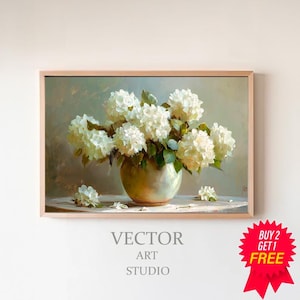 FRAME TV art White Hydrangeas still life, Spring Samsung Frame tv art rustic farmhouse, Digital Art, Neutral floral tv artwork cottage decor