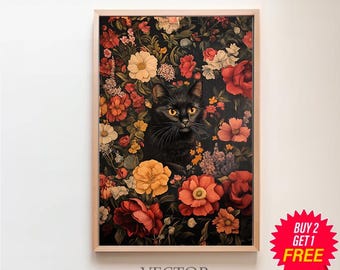 Black Cat and Flowers Gothic Floral Print, Dark Cottagecore Wall Art, Witchy Aesthetic, Botanical Vintage Painting Printable, Goth Decor