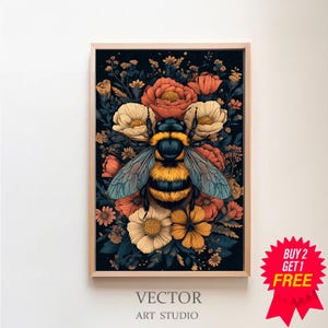 May include: A digital illustration of a bee surrounded by colorful flowers. The bee is yellow and black with a dark blue body. The flowers are red, orange, yellow, and white. The background is dark blue.