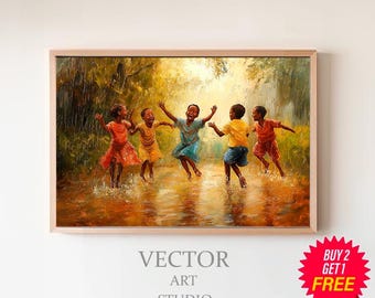 Afrikanische Kinder spielen Leinwand Kunst - Schwarze Kunst - Afrikanische Kinder im Regen - Afrikanische Kunst - Afrikanische Wohnkultur - Afrikanisches Geschenk - Afrikanische Wandkunst
