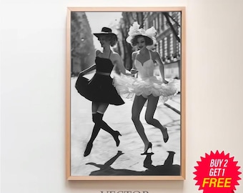 Vintage Women Dancing Wall Art, Retro Women Fashion, Chic Ladies Posing, Black and White Print, Feminist Wall Decor, Vintage Photo