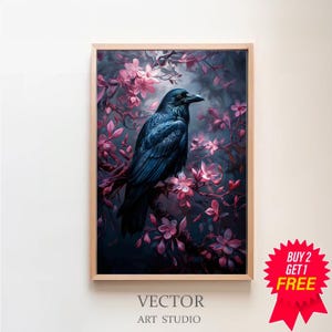 Black Crow With Flowers, Vintage Poster, Art Poster Print, Gothic Victorian Crow, Dark Academia