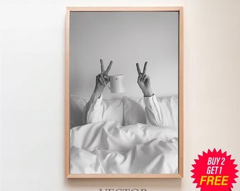 Woman Drinking Coffee in Bed Print, Feminist Poster, Black and White, Coffee Shop Decor, Dining Room Art, Digital Download, Kitchen Wall Art