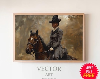 Vintage vrouw te paard | Afdrukbare kunst | Paard en ruiter | Paardensportdecoratie | Digitale download | Olieverfschilderij
