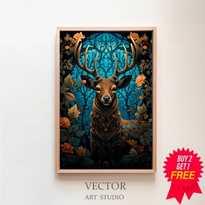William Morris Inspired Deer Art Print, Nature Wall Art, Deer Antlers, Christmas Large Wall Art Canvas, Unique Wall Art, Above Bed Art
