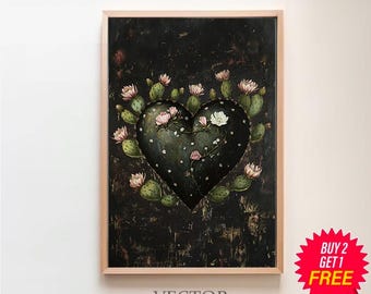 Mexican Cactus Heart Canvas, Mexican Folk Art Painting, Mexico Wall Art, Cactus Wall Art, Vintage Wall Art, Cactus Print, Boho Wall Decor