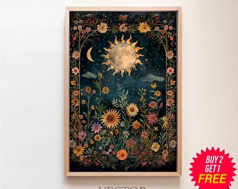 Vintage Wildflower Sun & Moon Art Print and Framed Canvas, Antique Cottagecore Dark Floral Wall Decor, Digital Download