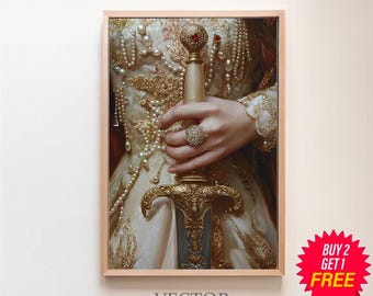 Victorian Aesthetic Princess Master Sword Art, Dark Moody Wall Art, Dark Academia Victorian Woman Royal Portrait, Baroque Oil Painting