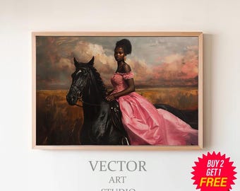 Vintage vrouw op haar paard | Printkunst | Paard en ruiter | Woondecoraties | Paardensport