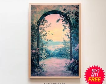 Fantasy Enchanted Fairy Forest Paradise Jungle Art Painting, Fairy Tale Botanical Woodland Spring Wall Art Printable, Cottagecore Decor