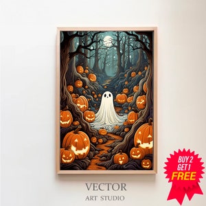 Ghost and Jack O Lanterns, Haunting Ghost, Halloween Print, Vintage Poster, Art Poster Print, Dark Academia, Halloween Decor