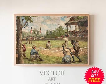 Stampa di baseball, stampe vintage, poster sportivo, regalo per i fan del baseball, arte vintage del baseball, stampabile scaricabile, palla, mazza, guanto