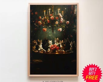Cat sabbath in Victorian Mansion Dark Academia Cottagecore Antique Oil painting Moody Wall Art Decor Vintage Interior Scene Printable Art
