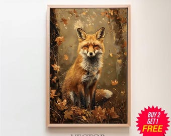 Fox Cottagecore Print, Forest Animal Vintage Oil Painting, Whimsical Fox Poster Victorian Aesthetic Woodland Printable, Botanical Wall Art