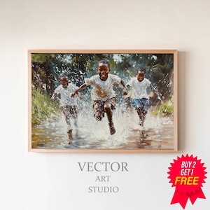 African Children Playing in Rain - Black Art - African Kids Playing - African Art - African Home Decor - African Gift - African Wall Art