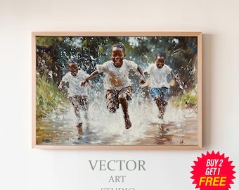 Afrikanische spielende Kinder im Regen - Schwarze Kunst - Afrikanische spielende Kinder - Afrikanische Kunst - Afrikanisches Wohndekor - Afrikanisches Geschenk - Afrikanische Wandkunst