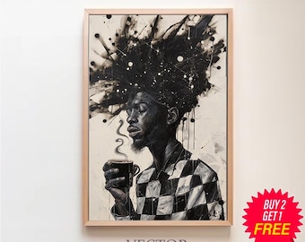 Geometrische Menschen Große Wand Kunst Zeitgenössische Kunstwerk Afro Männer Moderne Druck Küche Wand Kunst Digital Download Schwarzer Mann Kaffee Liebhaber Druck