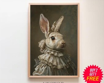 Victorian White Rabbit Painting, Emily Bunny Vintage Portrait, Whimsical Animal, Dark Forest Gallery Wall, Royalcore, Regency Aesthetic
