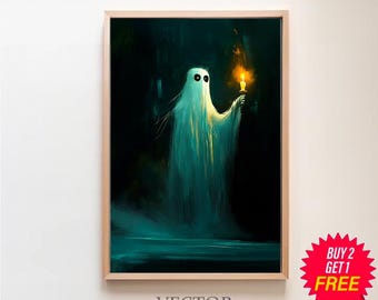 Ghost With Candle Poster, Sheeted Ghost Art Print, Cute Little Ghost Face Spooky Gothic Printable, Dark Academia Room Decor, Abandoned Art