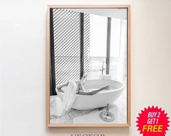 Woman Drinking Wine in Bathtub Print, Printable Bathroom Wall Art, Bar Cart Poster, Black and White, Girl Bathroom Decor, Digital Download