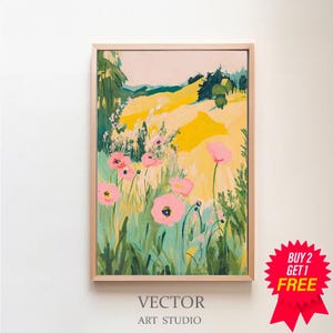 California Poppy Field Painting | Wildflower Landscape Wall Art Print | Flower Meadow Printable | Colorful Floral Scenery Digital Download