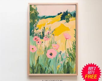California Poppy Field Painting | Wildflower Landscape Wall Art Print | Flower Meadow Printable | Colorful Floral Scenery Digital Download