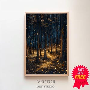 Magic Forest Wall Art | Fantasy Painting | Fireflies Poster | Lightning Bug |Electric Forest