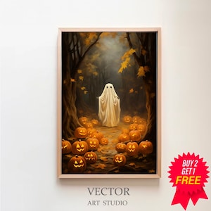 Ghost and Jack O Lanterns, Haunting Ghost, Halloween Print, Vintage Poster, Art Poster Print, Dark Academia, Halloween Decor