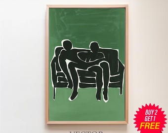 Arte de pared grande con personas abstractas Arte contemporáneo Impresión minimalista Arte de pared verde esmeralda Descarga digital Impresión de regalo para pareja con rayas imprimibles