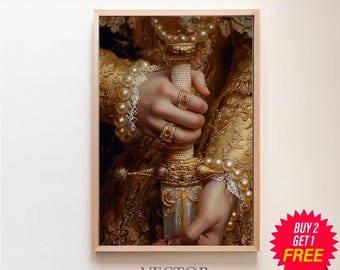 Victorian Aesthetic Princess Master Sword Art, Dark Moody Wall Art, Dark Academia Victorian Woman Royal Portrait, Baroque Oil Painting