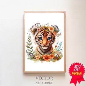 Tiger Aquarell Clipart Kinderzimmer Dekor Baby Tiger Aquarell Süßes Baby Tier Blumen Watercolor Clipart Wanddeko, DIGITAL DOWNLOAD
