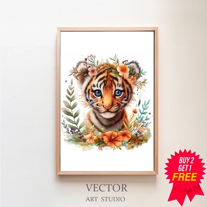 Tiger Aquarell Clipart Kinderzimmer Dekor Baby Tiger Aquarell Süßes Baby Tier Blumen Watercolor Clipart Wanddeko, DIGITAL DOWNLOAD