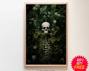Botanical Skeleton Painting, Art Poster Print, Dark Academia,  Vintage Poster, Haunting Ghost, Halloween Decor